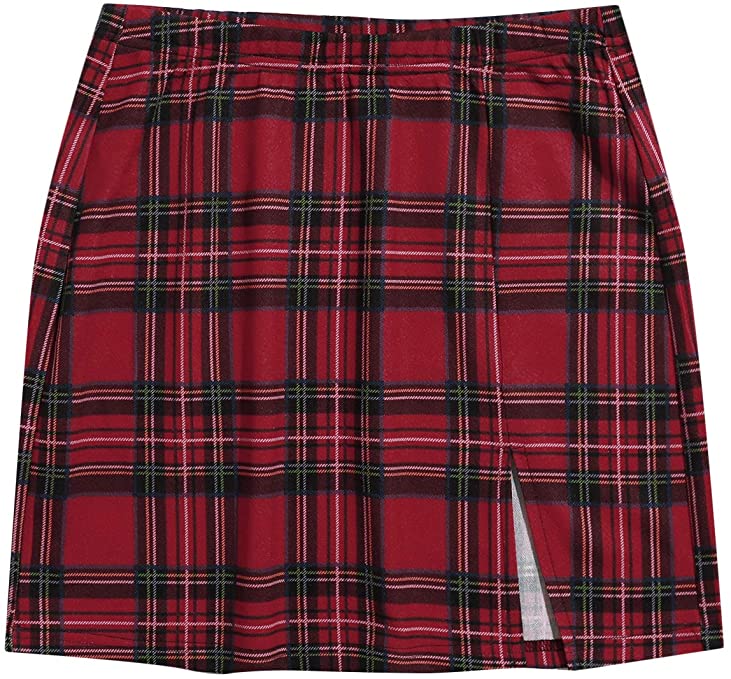 DIDK Women's Casual Tartan Plaid Slit Hem Bodycon Straight Mini Skirt