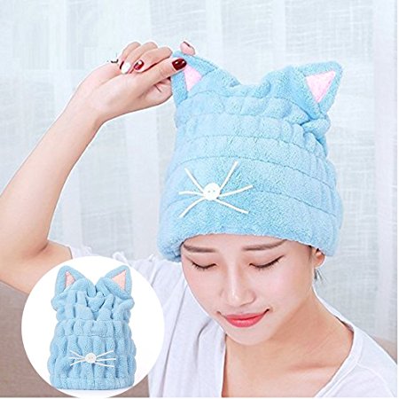 DS-Space Adjustable Microfiber Cute Cartoon Cat Hair Drying Cap Ultra Soft Absorbent Dry Hat Hair Wrap Towel, Reduce Hair Drying Time for Women Adults or Kids Girls (Blue)
