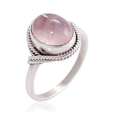 925 Sterling Silver Rose Quartz Gemstone Oval Rope Edge Vintage Band Ring Size 6, 7, 8