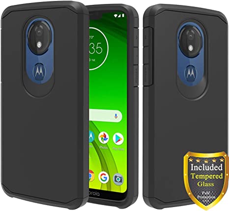 ATUS Moto G7 Power Case with Full Cover Tempered Glass Screen Protector, Moto G7 Supra Case, Moto XT1955 - Hybrid Dual Layer Protective TPU Case (Black/Black)