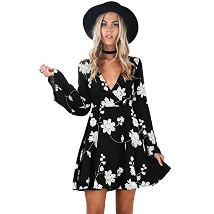 Young17 Flare Long Sleeve Boho Floral Printed Sexy V Neck Black Party Wrap Skater Mini Women Dress