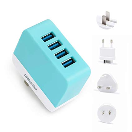 URbantin USB Plug Charger 2.4A, Wall Chargers with 4 USB Ports Interchangeable UK/EU/US/AU Mains Travel Adapter (Blue)