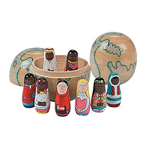 Nesting Wooden World Globe with 8 Multicultural Dolls