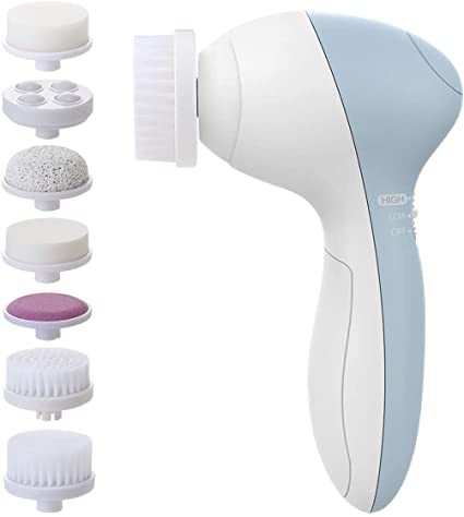 PIXNOR P2016 Facial Brush 7 in 1 Facial Massager Face Brush with 7 Brush Heads Light Blue