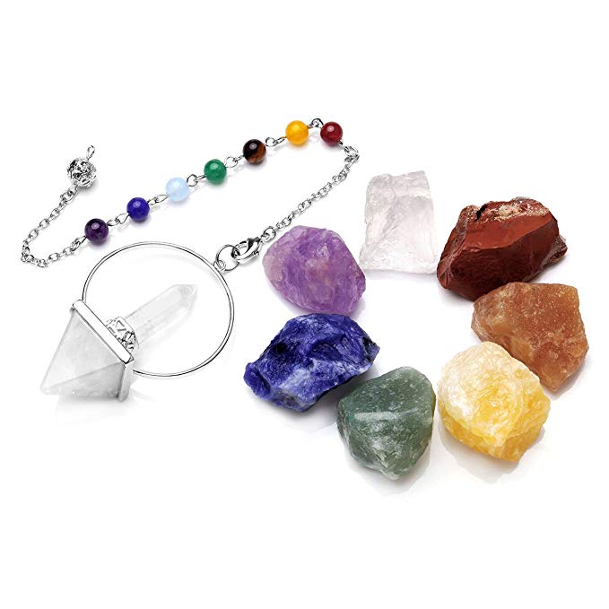 Jovivi 7 Chakra Healing Crystals Natural Rough Raw Stones and Gemstone Crystal Point Pendulum Meditation Set - Dowsing, Scrying, Reiki, Wicca and Energy
