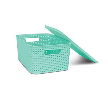 Homz Lid, Storage, Stackable, Medium, Plastic, Light Blue Woven Bin,