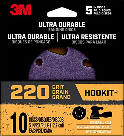 3M Ultra Durable 5 inch Power Sanding Discs, Universal Hole, 220 Grit, 10/Pack