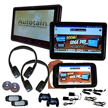 [PAIR] Autotain EDGE 10.1 inch Slim Active Headrest Monitor DVD Player   HDMI,   1080P,   Home Power Cables,   Cloud Headphones