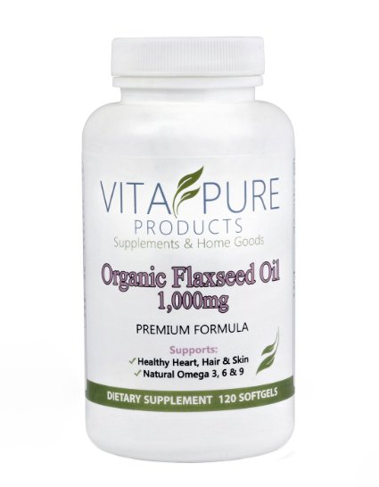 Premium Organic Pure Flaxseed Oil Softgels - Supports Healthy Heart Hair and Nails - Natural Omega 3 6 9 - 1000mg Supplement - 120 Capsules - Made in the USA and 100 Satisfaction Warranty