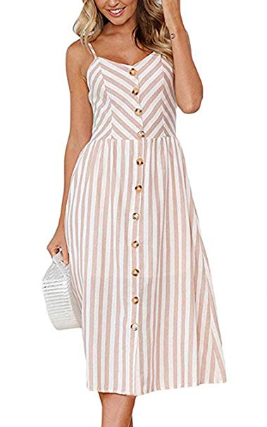 Angashion Women's Dresses-Summer Floral Bohemian Spaghetti Strap Button Down Swing Midi Dress with Pockets