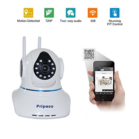 Pripaso 720P HD Video Cloud Baby Cam Monitor Wireless IP Dual Antenna WiFi Security Camera P2P Webcam 2 Way Audio Talkback Pan Tilt Night Version Motion for Home(White)