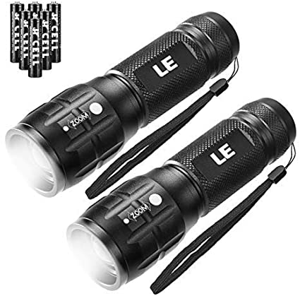 LE Torch, CREE LED Torch, Powerful Handheld Flashlight, Super Bright, Pocket Size, Suit for Camping, Cycling, Running, Dog Walking and More Outdoor Use, 6 AAA Batteries Included, Pack of 2