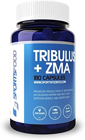 Sports Food Tribulus + ZMA - Natural Recovery and Testosterone Booster - 1000mg x 180 Capsules - Optimized Combo of Proven Boosters - 80% Protodioscin Bulgarian Extract - & Libido
