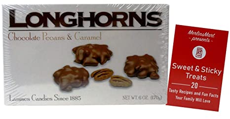 Lammes Candies Milk Chocolate Longhorns - Chocolate Covered Pecan Caramel Clusters (1 box - 6 Ounces) Plus Recipe Booklet Bundle
