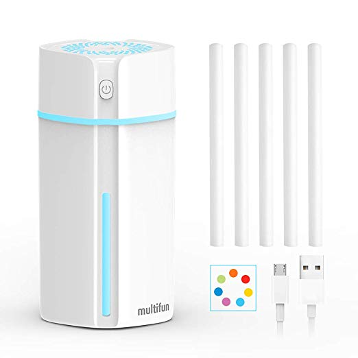 multifun Mini USB Humidifier, Portable Humidifier with Multi-Colour LED Lights, Small Humidifier for Desk Travel Office Car Bedroom, Quiet Operation and Auto Timer Shut-Off, 180ml Personal Humidifier