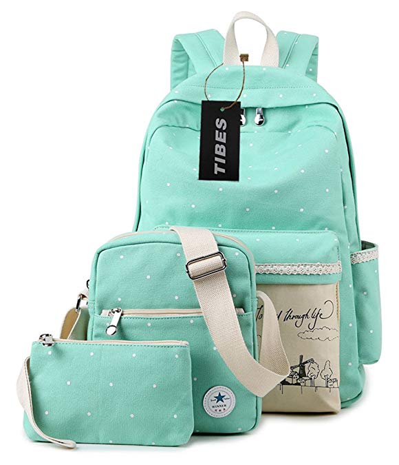 TIBES Casual Canvas School Travel Backpack Shoulder Bag Purse 3pcs Set Book Bag for Teen Girls