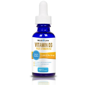 Vitamin D3 Liquid Drops with Vitamin K2 MK-7 9733 New 9733 Full 2000 IU Per Drop - Vitamin D Drops all Natural Effective Safe - 4-5 Times Stronger than Other Brands - 900 Doses in 1 Oz Dropper Bottle