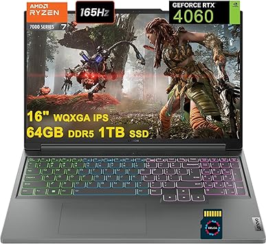 Lenovo Legion Slim 5 Gaming Laptop | 16" WQXGA 165Hz 100% sRGB | AMD Zen4 8-core Ryzen 7 7840HS | 64GB DDR5 1TB SSD | GeForce RTX 4060 8GB | RGB Backlit Rapid Charge Win11Pro Grey +32GB MicroSD Card