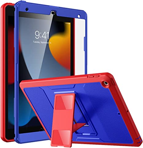 MoKo iPad 10.2 Inch Case for iPad 9th Generation 2021/ iPad 8th Generation 2020/ iPad 7th Generation 2019, [Heavy Duty] Shockproof Full Body Protective Cover with Built-in Screen Protector, Blue/Red