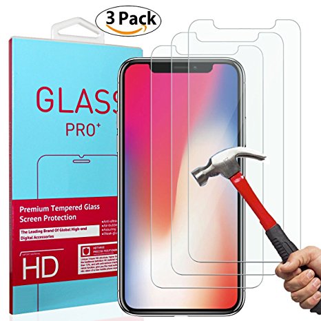 iPhone X Screen Protector, AUSCREZICON [3-PACK ] Ultra Clear [Tempered Glass] Case Friendly,Easy Application,Bubble Free,Anti-Scratch ,3D Touch Screen Protector for iPhone X