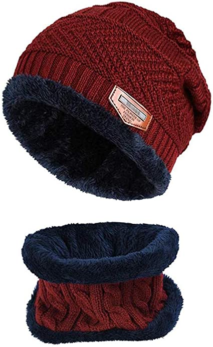 2-Pieces Soft Thick Warm Hats Fleece Lining Knitted Ski Skull Caps Winter Beanies with Scarf Set for Men and Women