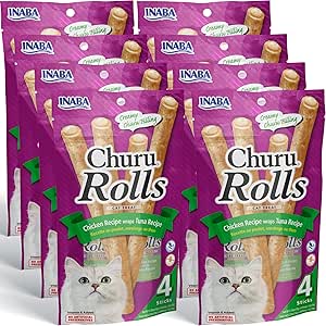 INABA Churu Rolls for Cats, Grain-Free, Soft/Chewy Baked Chicken, Churu Filled Cats Treats with Vitamin E, 0.35 Ounces Each Stick| 32 Stick Treats Total (4 Sticks per Pack), Tuna Recipe