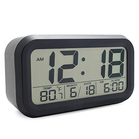 JCC Innovation Smart Light Technology Night Vision Easy Read Bold Number Display Digital Alarm Clock with Snooze, Date and Temperature Display - Battery Operated (Black)