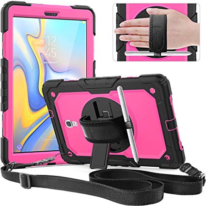 Timecity Samsung Galaxy Tab A 10.5 Case,SM-T590 T595 T597 2018 Release Rugged Case with 360 Rotation Kickstand/Hand Strap S Pen Holder Screen Protector case for Galaxy Tab A 10.5 Tablet-Black Rose