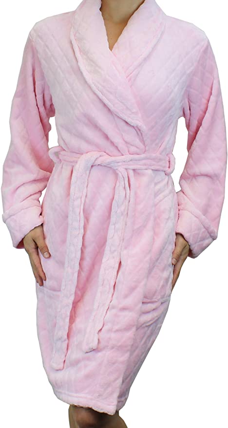 Women's Quilted Pattern Warm Fleece Robe - Plush Soft Short Bathrobe Style