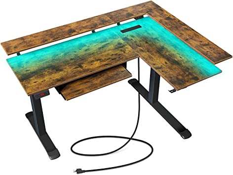 Rolanstar Standing Desk, Dual Motor L Shaped Height Adjustable Desk with LED Lights and Charging Station, 61 x 46 inch Electric Sit Stand Desk, Rustic Brown Corner Home Office Desk with Monitor Shelf