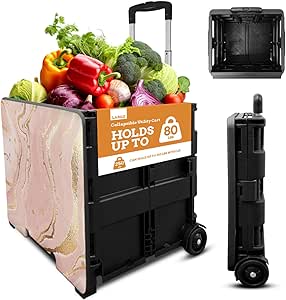 Inspired Living Collapsible Ultra-Slim Pack-N-Roll,2 Wheel Utility Cart w/Lid used as Seat up to 250 Lbs, Telescopic Handle, Super Strong, for Home,Garden,Shopping,Office,School, Large, Pink Marble