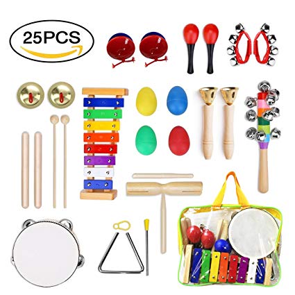Percussion Musical Instruments Set for Kids, ULIFEME 25 Pcs Rhythm Band Toys Set, Wooden Xylophone Glockenspiel Toy Rhythm Band Set, Musical Instruments Gift for Baby, Child & Toddler with One Bag