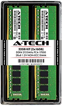 A-Tech 32GB DDR4 2133MHz Desktop Memory Kit (2 x 16GB) PC4-17000 Non-ECC Unbuffered DIMM 288-Pin 2Rx8 1.2V Dual Rank Computer RAM Upgrade Sticks (AT16G2D4D2133ND8N12V)