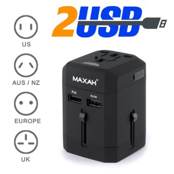 MAXAH® 2 USB Charging Port (2.5A) Surge Protector All in One Universal Worldwide Travel Wall Charger AC Power AU UK US EU Plug Adapter Adaptor