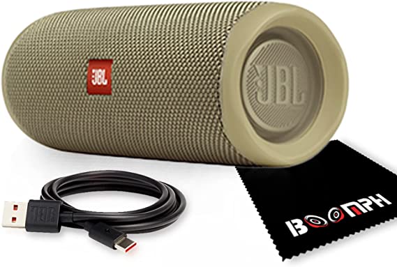 JBL FLIP 5 Portable Wireless Bluetooth IPX7 Waterproof Speaker Bundle with Boomph Microfiber Cloth and USB Type-C Cable - Sand