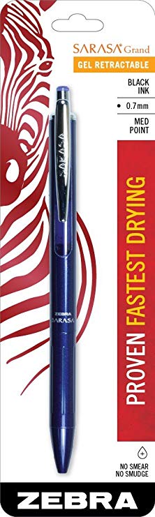 Zebra Sarasa Grand, Retractable Gel Ink Pen, Navy Barrel, Medium Point, 0.7mm, Black Ink, 1-Count