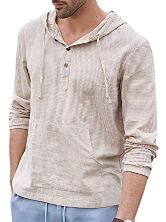 Karlywindow Mens Cotton Linen Hoodie Sweatshirts Long Sleeve Solid Hooded Henley Shirts with Pockets