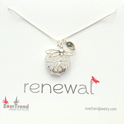 Essential Oil Scent Diffuser Necklace, "Renewal" with Birthstone Leaf and Dragonfly Charm, Aromatherapy, Homeopathic