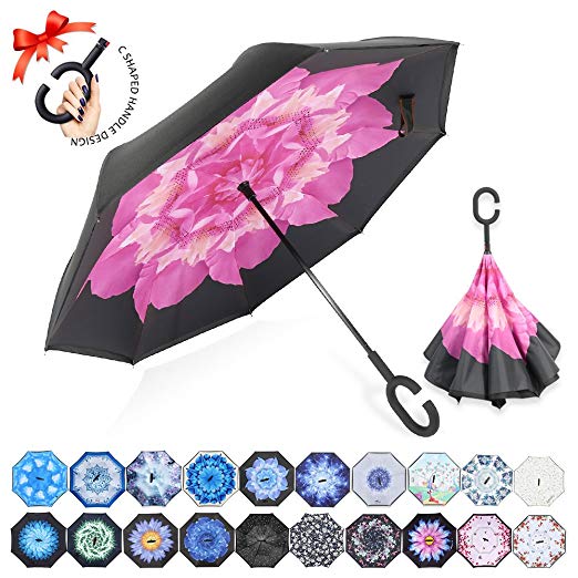 ZOMAKE Double Layer Inverted Umbrella Cars Reverse Umbrella, UV Protection Windproof Large Straight Umbrella for Car Rain Outdoor With C-Shaped Handle