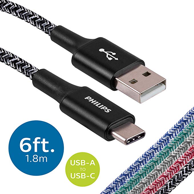 Philips 6 Ft. 2 Pack USB Type C Cable, USB-A to USB-C Black Durable Braided Fast Charging Cable, Compatible with iPad Pro, MacBook Pro, Samsung Galaxy S10 S9 Note 9 8 S8 Plus, DLC5226BA/37