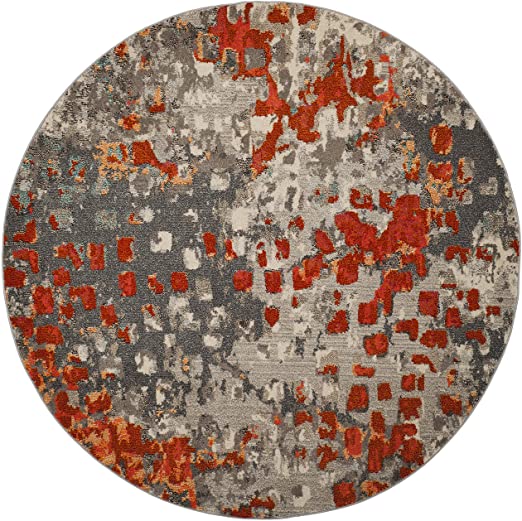 Safavieh Monaco Collection MNC225H Boho Chic Abstract Watercolor Non-Shedding Dining Room Entryway Foyer Living Room Bedroom Area Rug, 5' x 5' Round, Grey / Orange