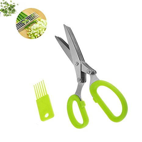 ProCIV Herb Scissors - Stylish Kitchen Shear- Multipurpose gadgets with 5 Multi Blades and Cleaning Comb - Heavy Duty Stainless Steel - Chopper Cutter Fresh and Dry Herbs (Green)