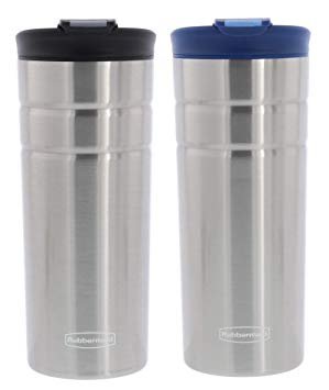 Rubbermaid Flip Lid Stainless Steel Coffee Travel Tumbler - 16 Ounces - Leak-proof - Double-Wall Vacuum Insulated - Keeps Drinks Cold and Hot For Hours - 2pk, Black and Nautical Blue Lid