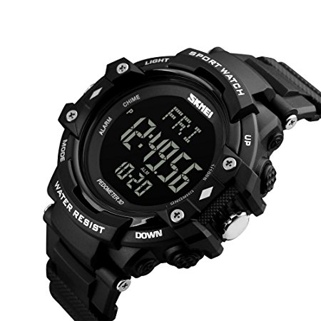 Bounabay Men's Sports Pedometer Watch with Heart Rate Monitor LED Digital Watch 50M Waterproof