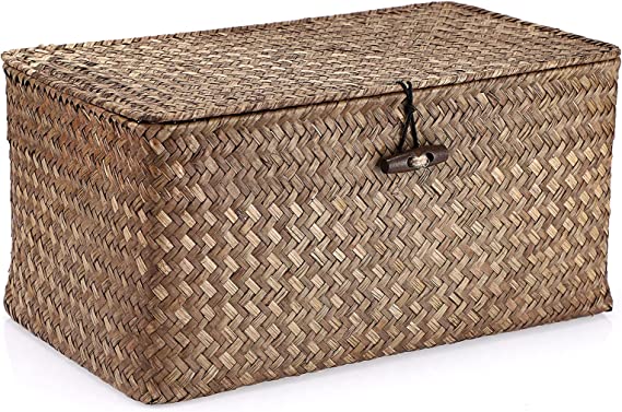 Hipiwe Wicker Shelf Baskets Bin with Lid, Handwoven Seagrass Basket Storage Bins Rectangular Household Basket Boxes for Shelf Wardrobe Home Organizer, Coffee Medium