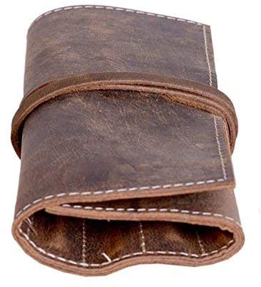 Genuine Leather Pencil Roll Brush Case Pen Holder Organizer Brushes Ruler Stationary Pouch Gift for Students Artist Painter & Writer String Closure Vintage