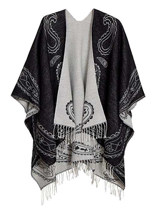 Urban CoCo Women's Printed Tassel Open front Poncho Cape Cardigan Wrap Shawl