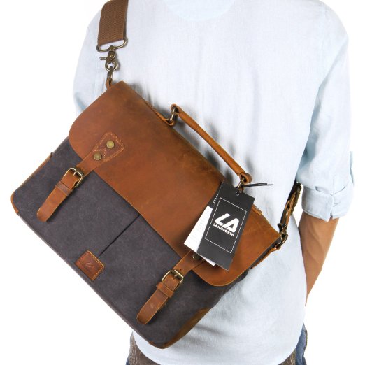 Langforth 14 inch Laptop Satchel Messenger Bag Vintage Genuine Leather Canvas Briefcase 13"(L)x10.5"(H) x 4.1"(W) Grey