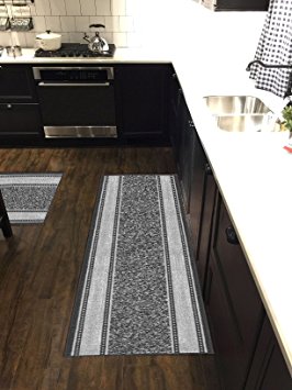 Custom Size Grey Ivory Bordered Non-Slip Rubber Backed Hallway Carpet Runner Rug | 22-inch x 11-feet