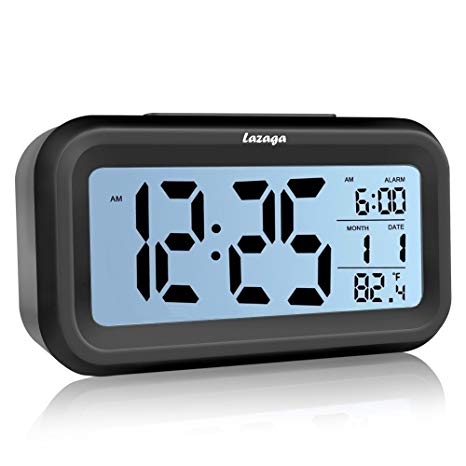 Lazaga Alarm Clock, Large LCD Display Digital Alarm Easy to Set and Watch,Low Light Sensor Technology Soft Night Light Repeating Snooze Month Date & Temperature Display (A)